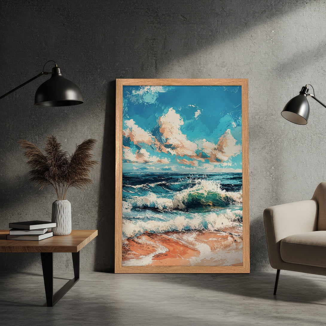 Framed Poster featuring a vibrant ocean waves painting in blue, turquoise, and peach tones. Perfect coastal art for your home!