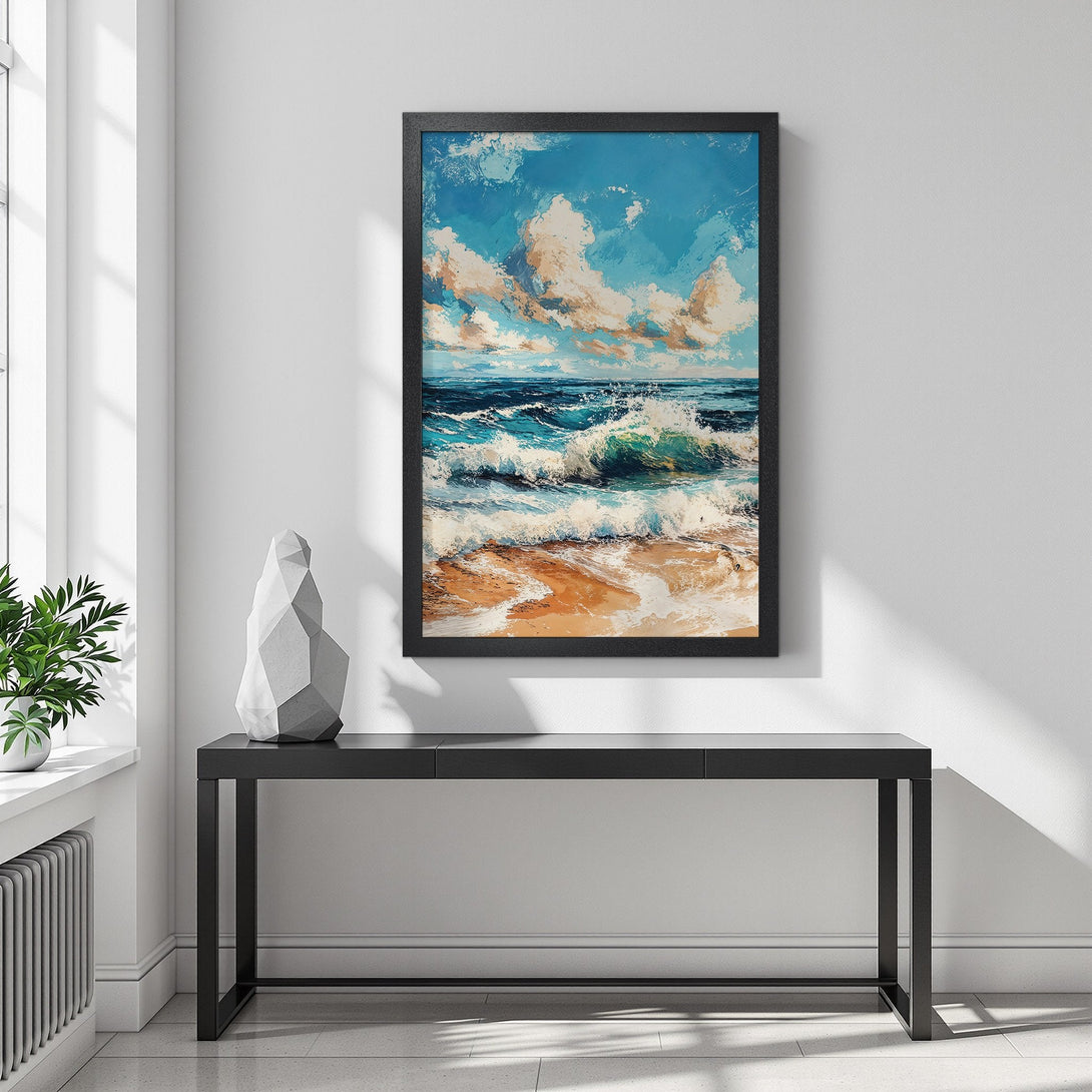 Framed Poster of ocean waves art, impressionist style, blue and beige color palette. Bring the beach home!