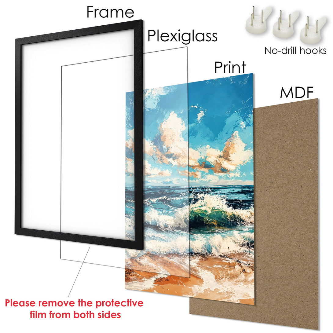 Framed Poster featuring a vibrant ocean scene. Artistic style with blue, white, and tan color palette. Perfect wall art for your home!