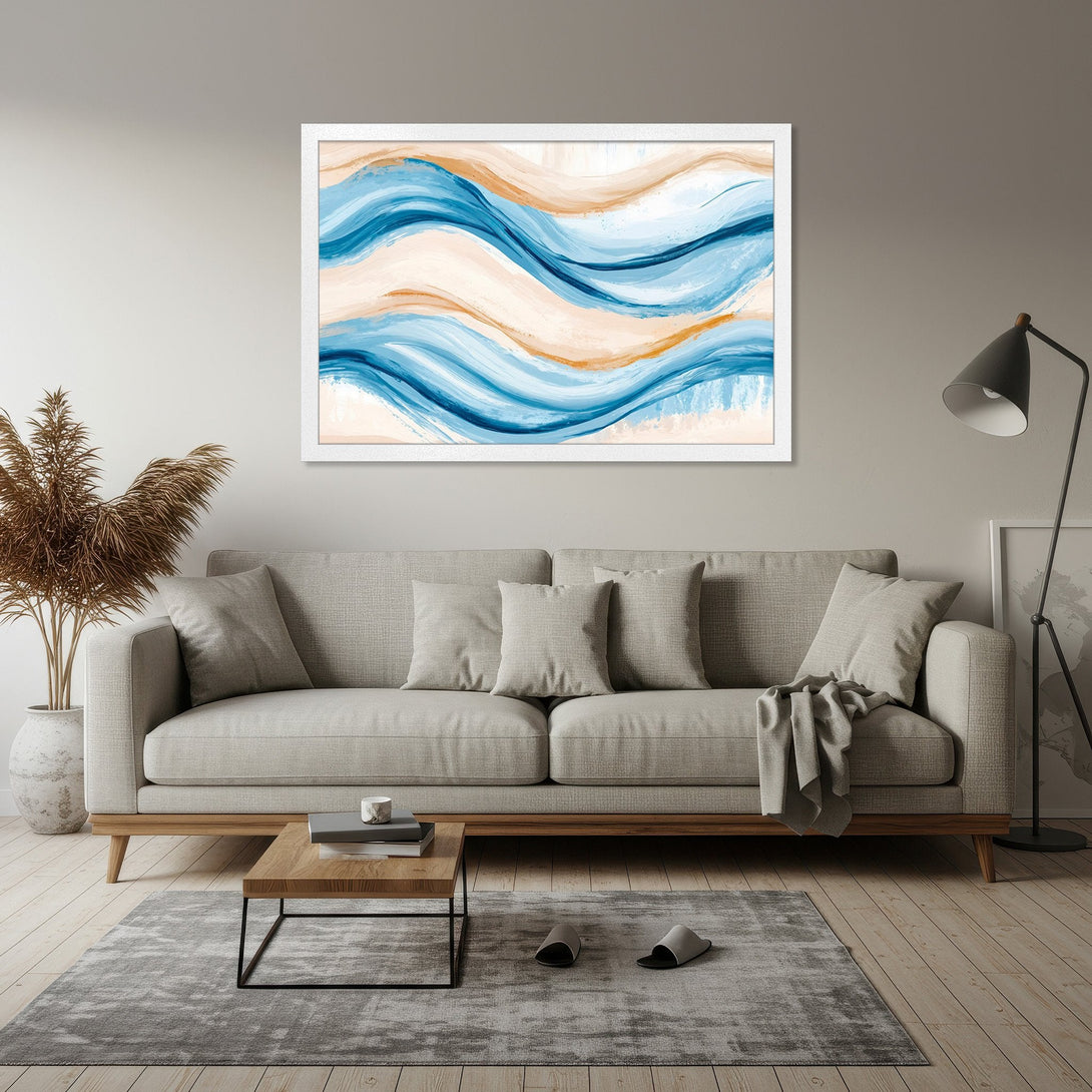 Framed Poster featuring abstract blue & beige wave art. Modern style, perfect for living room decor.
