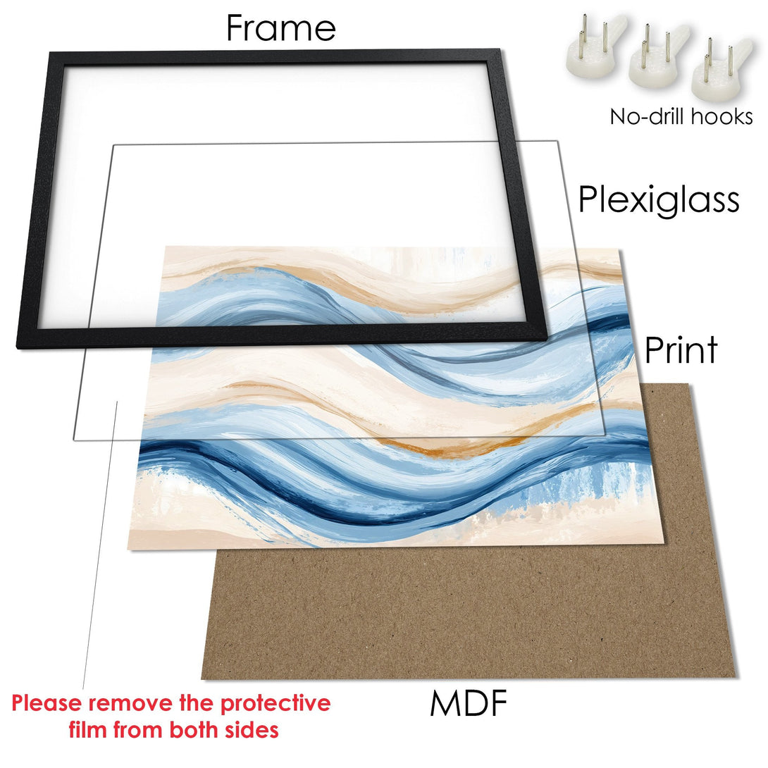Framed Poster with abstract blue and beige art. Modern wall decor for your home. Ready to hang!