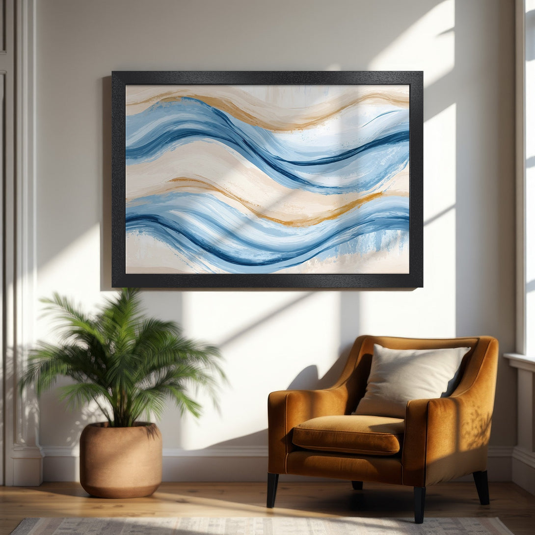 Framed Poster featuring abstract blue and gold wave art. Modern style, perfect for home decor.