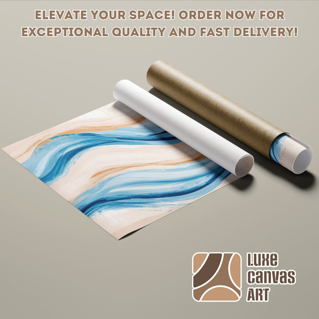 Abstract art Poster Roll in blue, beige, & white. Elevate your space with Luxe Canvas Art!