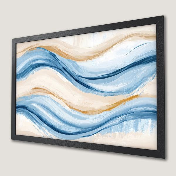 Framed Poster featuring abstract blue and gold wave art. Modern art print for home decor.