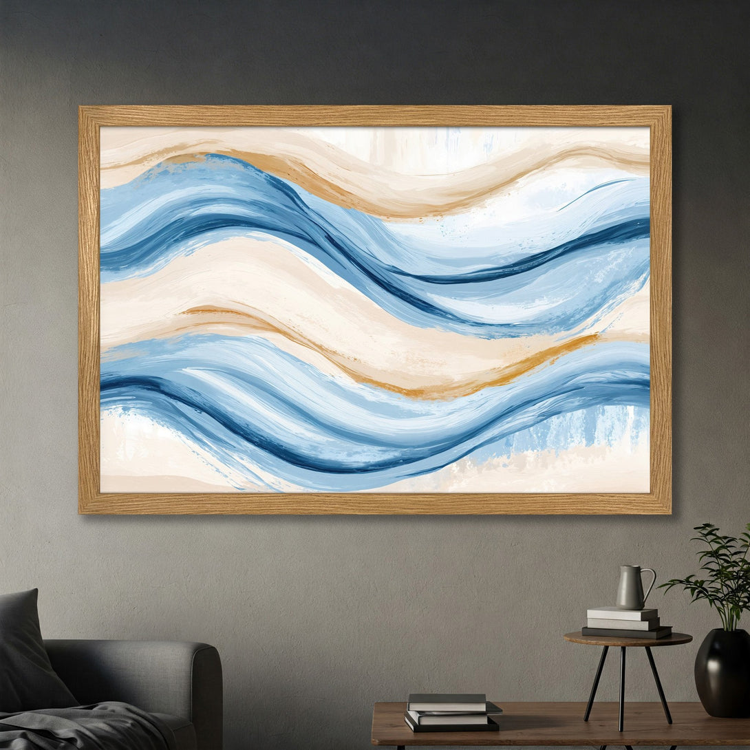 Framed Poster featuring abstract blue and gold waves, a modern art piece perfect for home decor.