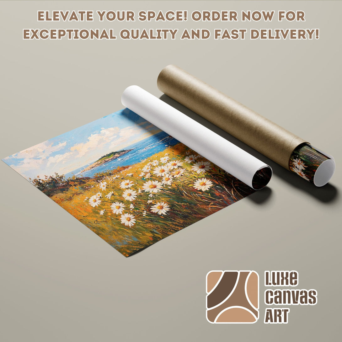 Poster Roll of a landscape painting with daisies, blue sky, and warm color palette. Order now!