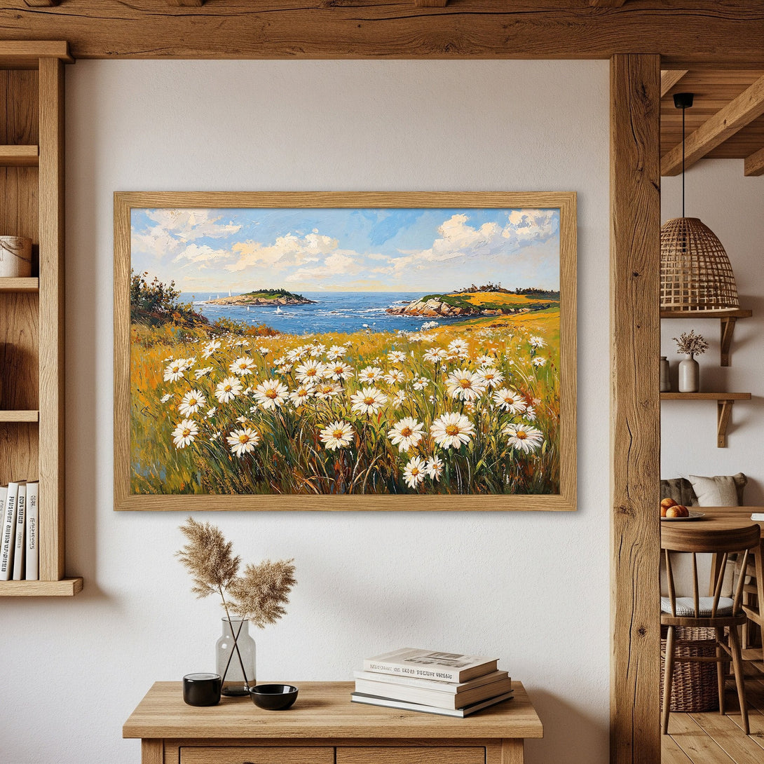 Framed Poster of a coastal landscape with daisies, painted in an impressionistic style with a warm, natural color palette.