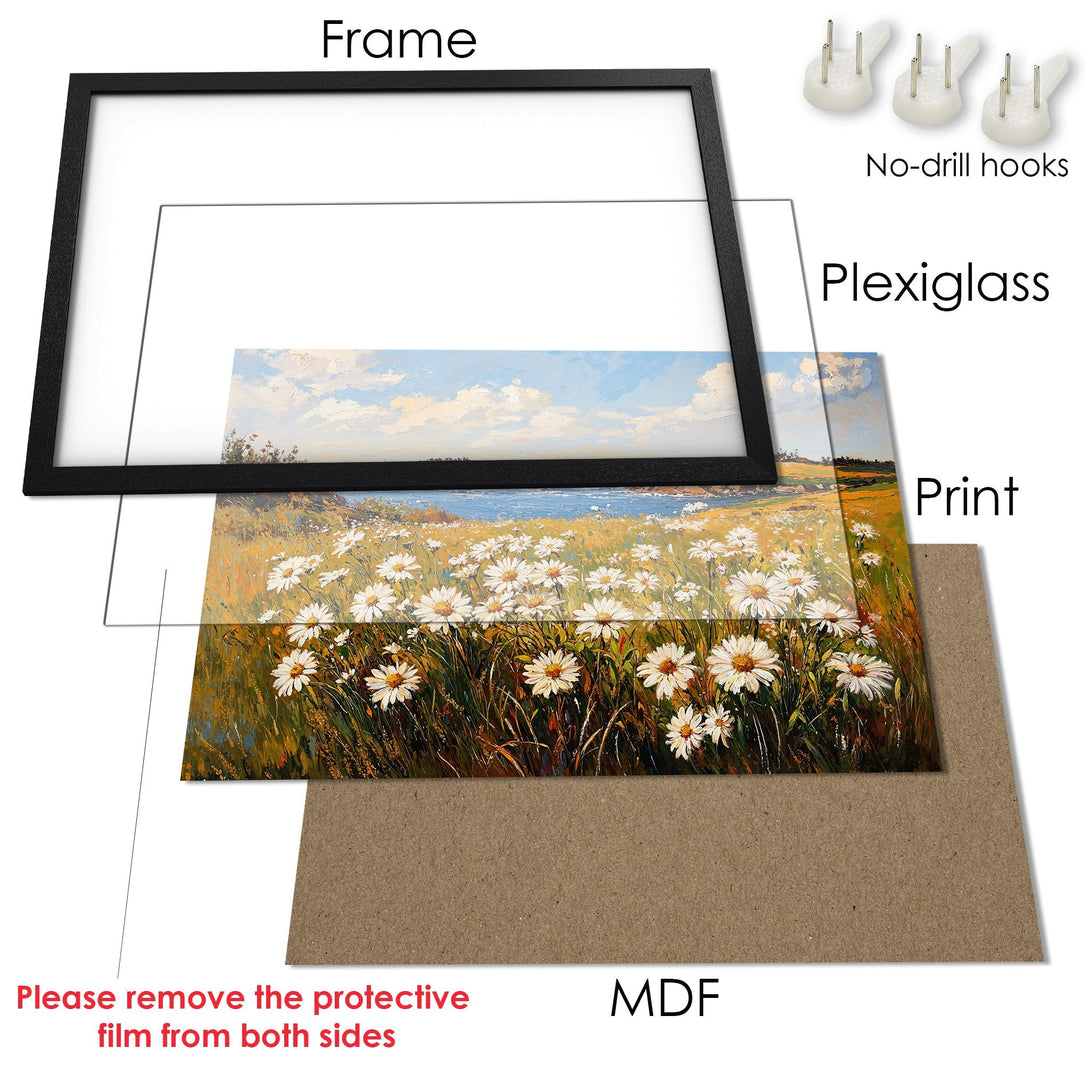 Framed Poster of a daisy field in impressionist style, featuring a warm, natural color palette. Perfect wall art!