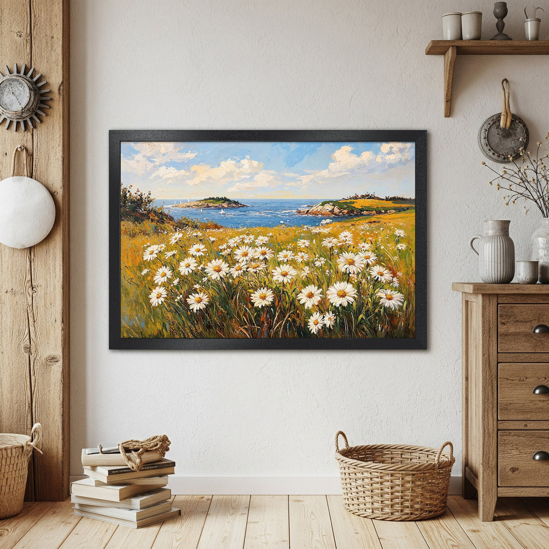 Framed Poster of daisies by the sea, oil painting style, blue, yellow, and white color palette. Perfect wall art!