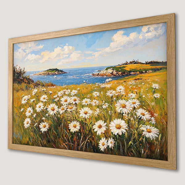 Framed Poster of coastal landscape with daisies in a vibrant, impressionistic style, featuring blue, yellow, and green hues.