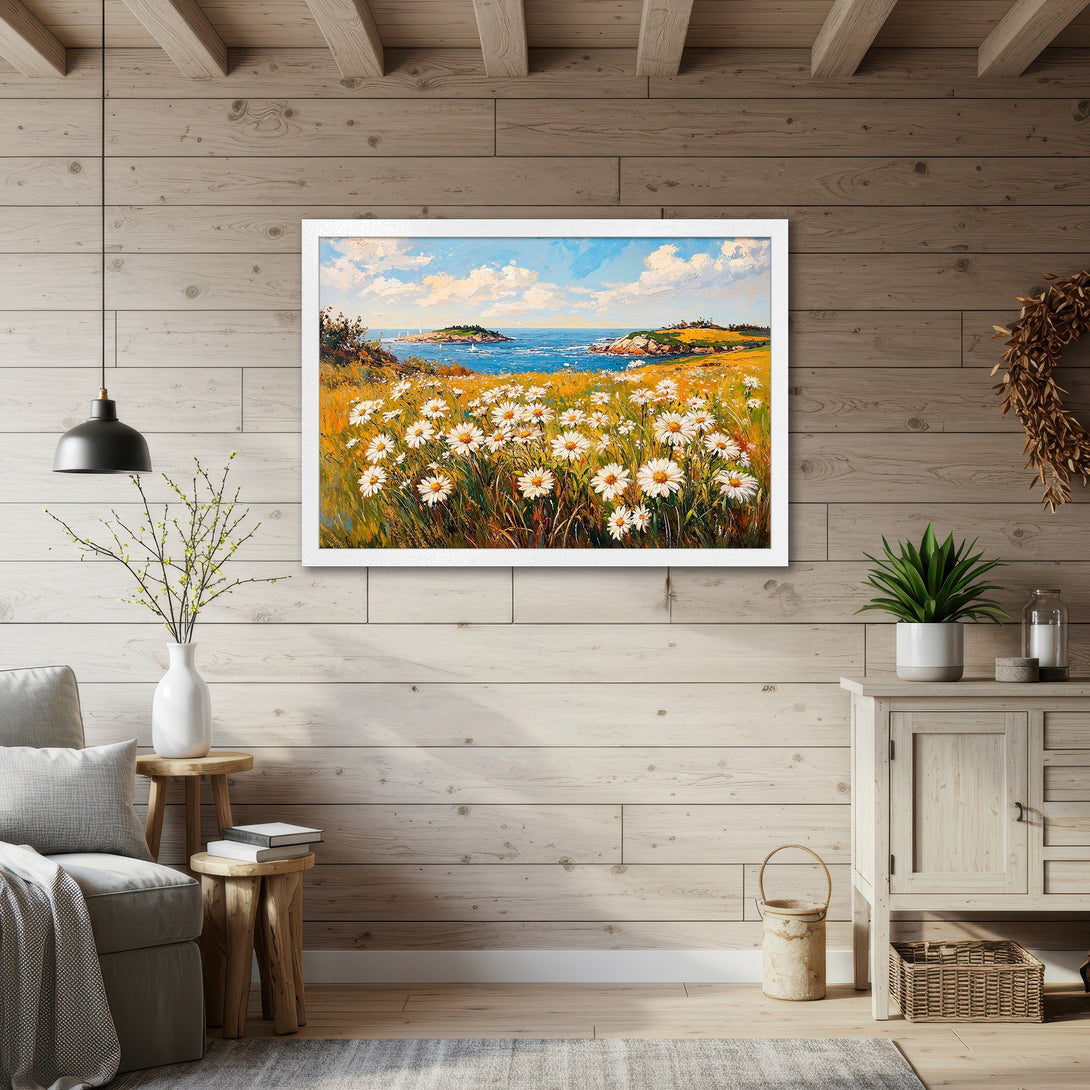 Framed Poster of a coastal landscape painting in impressionist style. Features a blue, yellow, and white color palette. Perfect wall art for any room.