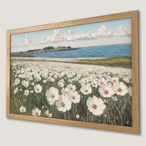 Framed Poster featuring a serene seascape with white flowers, painted in a soft, impressionistic style with a calming blue and white palette.