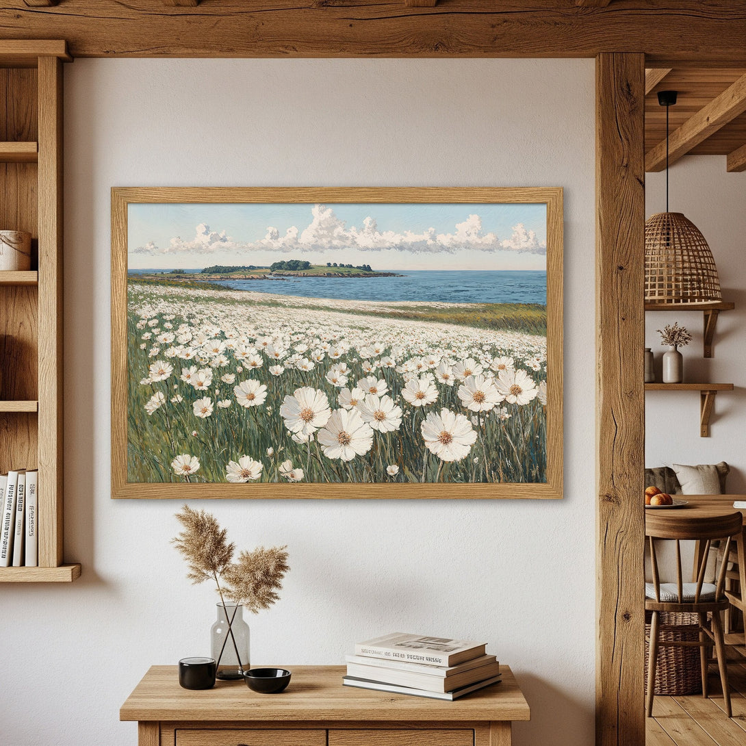 Framed Poster featuring a field of white flowers, serene landscape art in a soft, natural color palette.