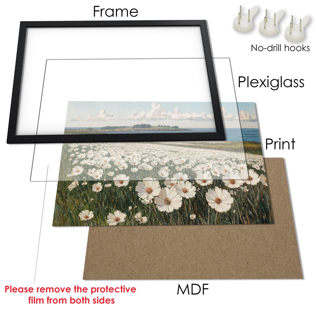Framed Poster featuring a field of white flowers in a classic style with a soft, natural color palette. Perfect for adding a touch of elegance!