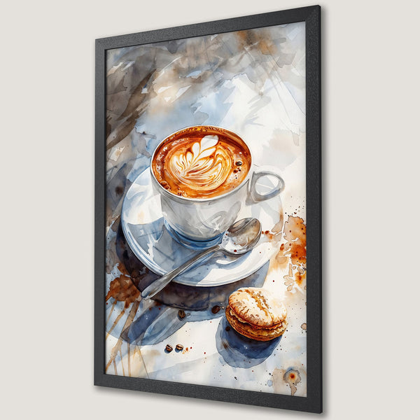 Framed Poster: Watercolor art of coffee with latte art and macaron. Warm, earthy tones. Perfect for kitchen decor.