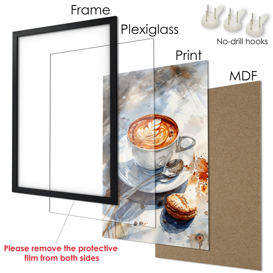 Framed Poster of coffee art in watercolor style, featuring warm brown and blue tones. Ready to hang!
