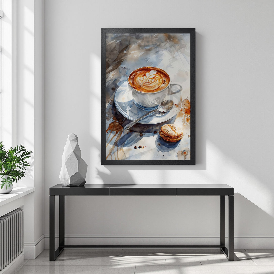 Framed Poster of watercolor coffee art. Neutral tones with brown and blue accents. Perfect kitchen decor.