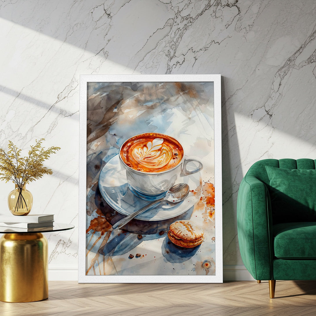 Framed Poster of watercolor coffee art, featuring warm brown, blue, and white tones. Perfect for kitchen or cafe decor.