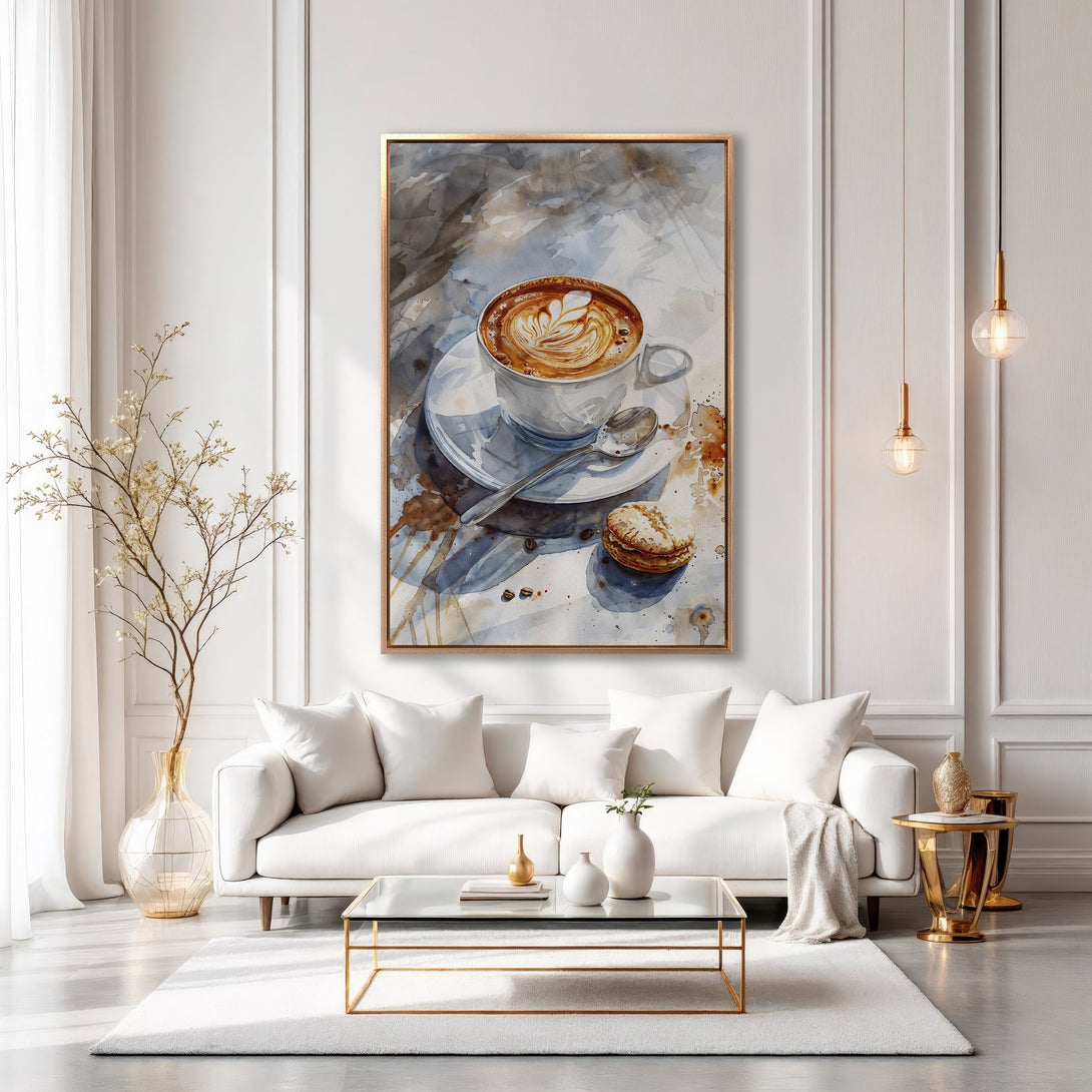 Framed Wall Art: Watercolor coffee art in a gold frame. Neutral color palette, perfect for modern living rooms. Elevate your space with this elegant Canvas Print.
