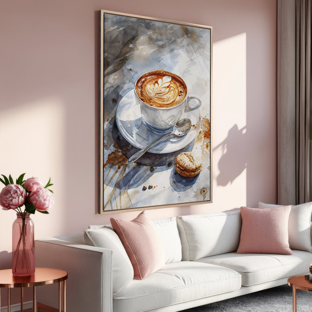 Framed Wall Art featuring a watercolor coffee cup painting in a cozy interior. Soft pink & neutral color palette, perfect home decor accent.