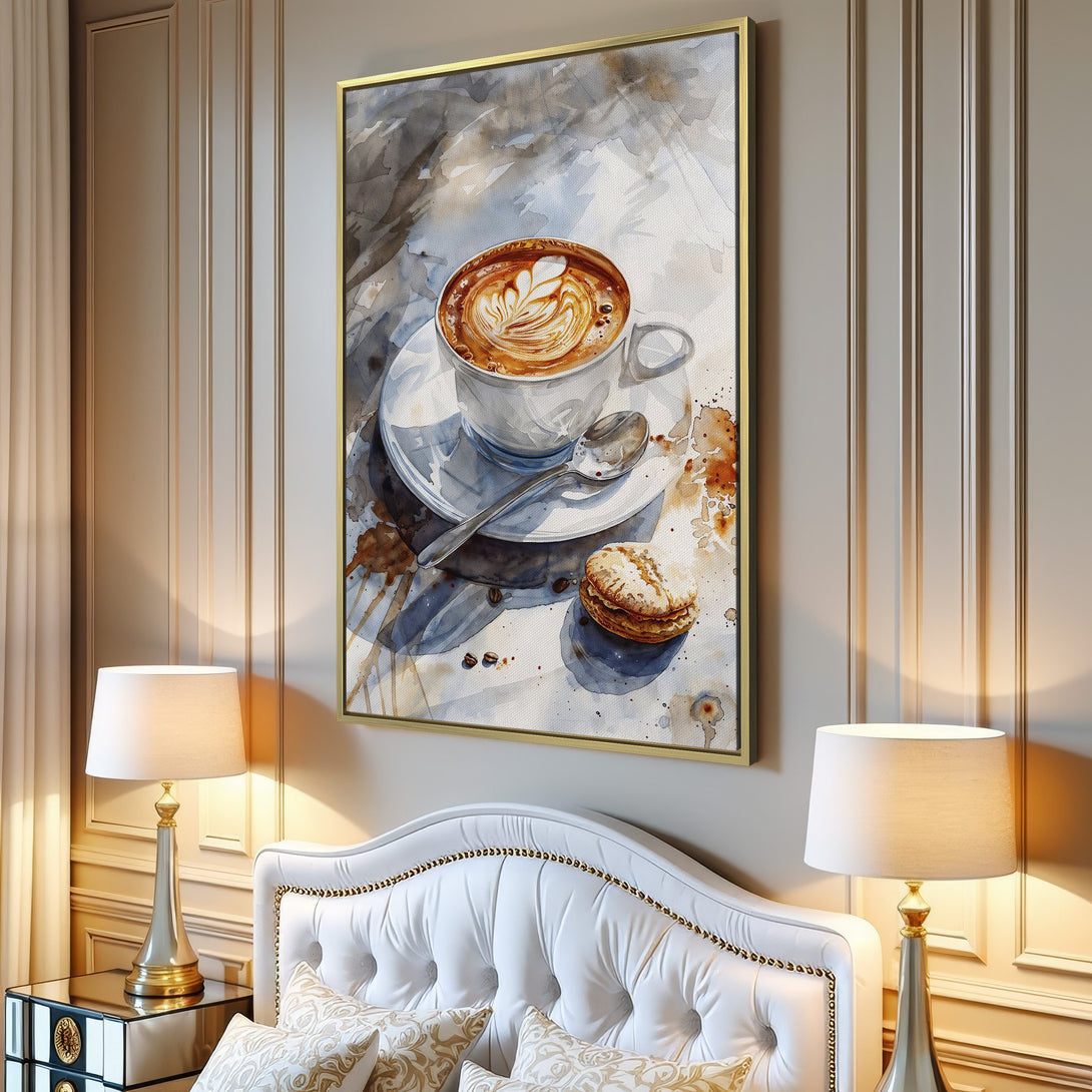 Canvas Print of watercolor coffee art in a modern living room. Warm brown & neutral tones create a cozy, inviting atmosphere. Perfect for kitchen or dining decor.