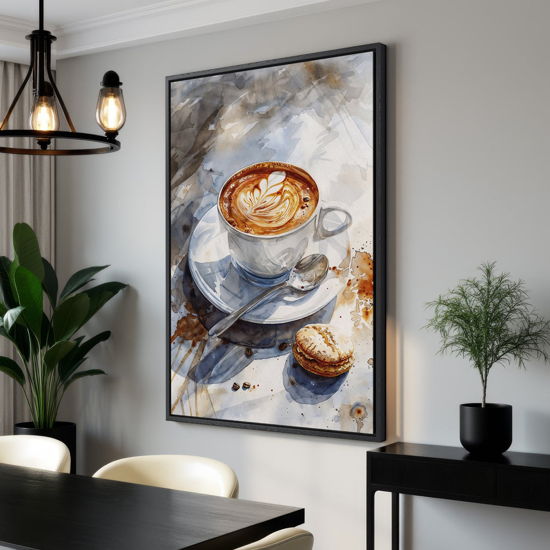 Framed Wall Art of coffee cup watercolor painting. Neutral tones with pops of brown. Stylish decor for your home.