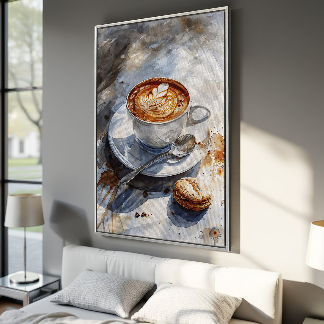Framed Wall Art featuring a watercolor coffee cup with a macaron. Soft, warm color palette of browns, blues, and whites. Perfect for kitchen or bedroom decor.