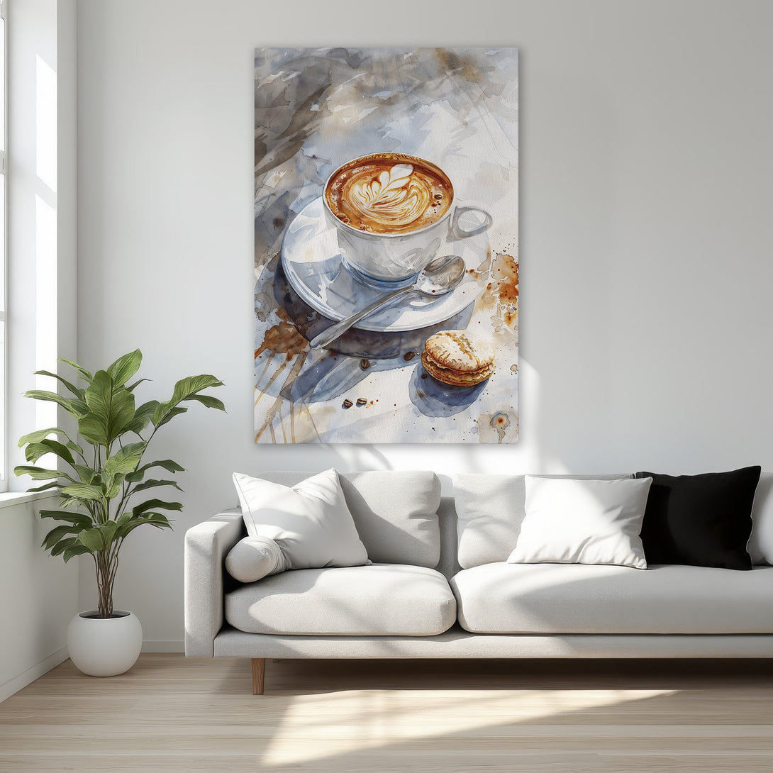 Framed Wall Art of watercolor coffee art in warm brown tones. Perfect for kitchen or dining room decor. Bring a touch of elegance to your space!
