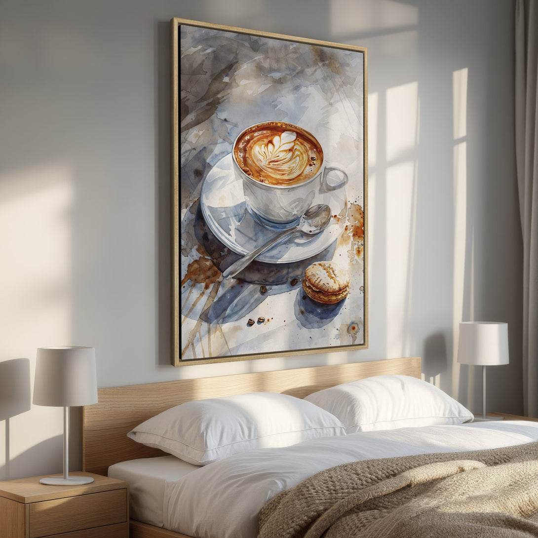 Framed Wall Art featuring watercolor coffee art. Neutral color palette. Perfect bedroom decor. Add a touch of cozy elegance to your space.