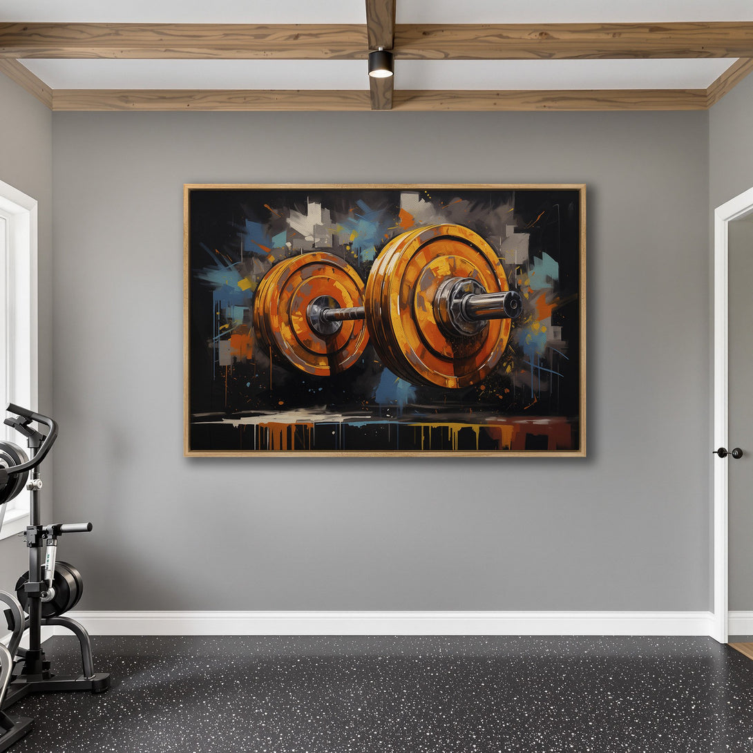 Framed Wall Art: Abstract dumbbell painting with orange, blue, and black hues. Modern art for your home gym. Elevate your space!