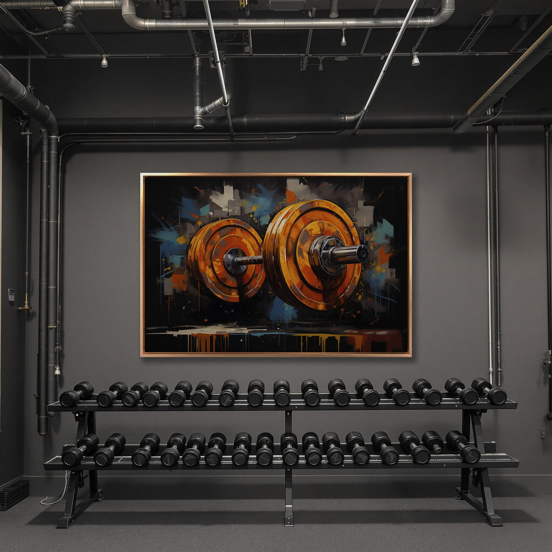 Framed Wall Art featuring abstract dumbbells in a gym setting. Modern art with warm orange, blue & black color palette. Perfect gym decor!