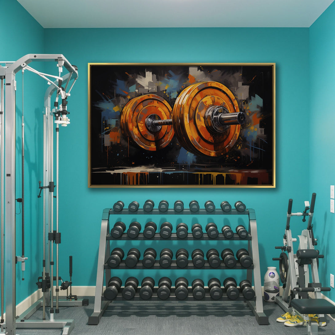 Abstract Canvas Print of barbell in a gym setting. Features a vibrant orange and blue color palette. Perfect for fitness enthusiasts!