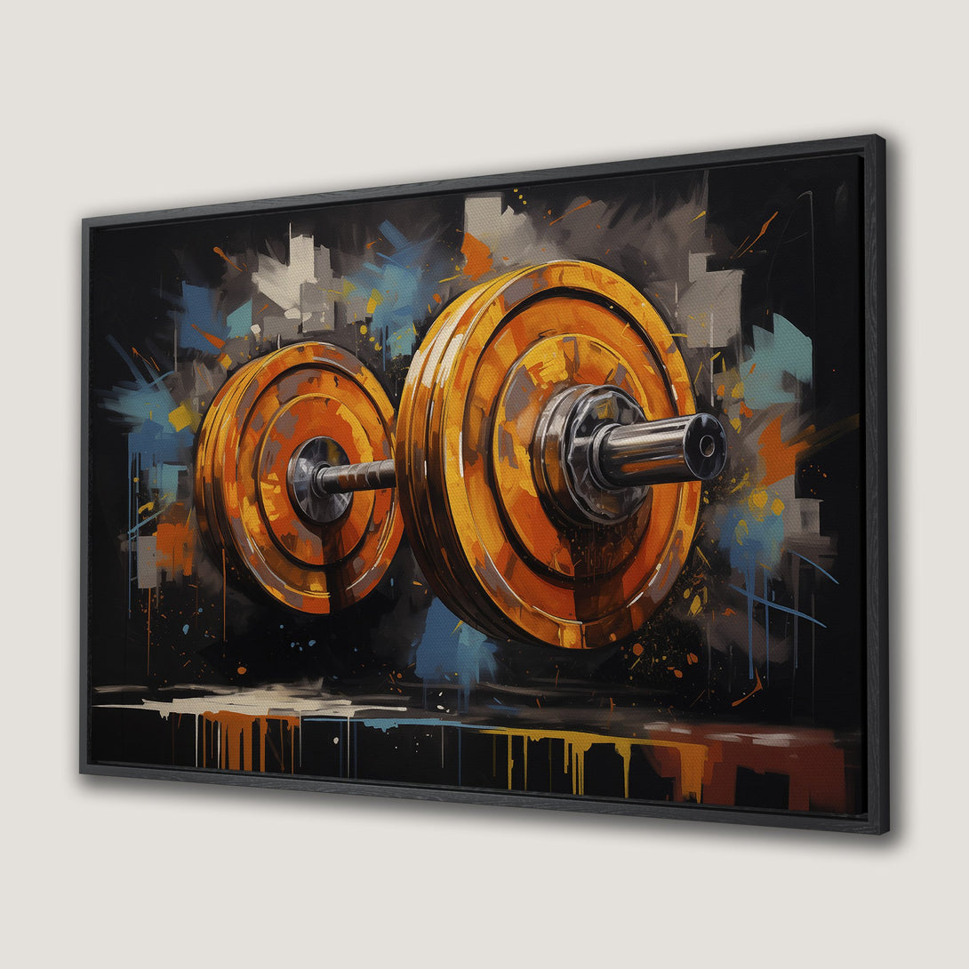 Framed Wall Art: Abstract dumbbell painting with orange and blue accents on black background. Modern fitness decor for your home gym.