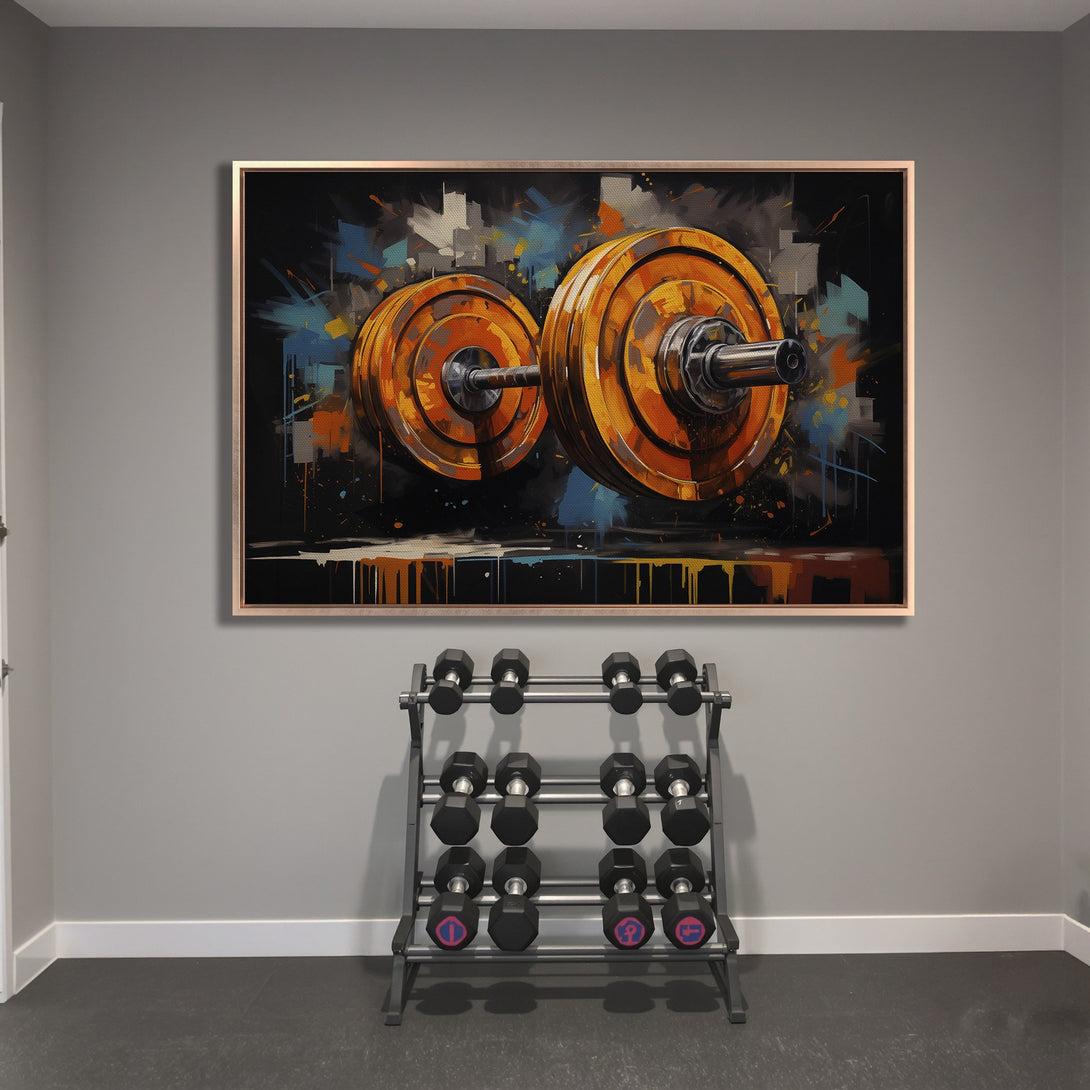 Framed Wall Art: Abstract barbell art with orange, blue, and black tones. Modern gym decor, perfect for a home workout space.