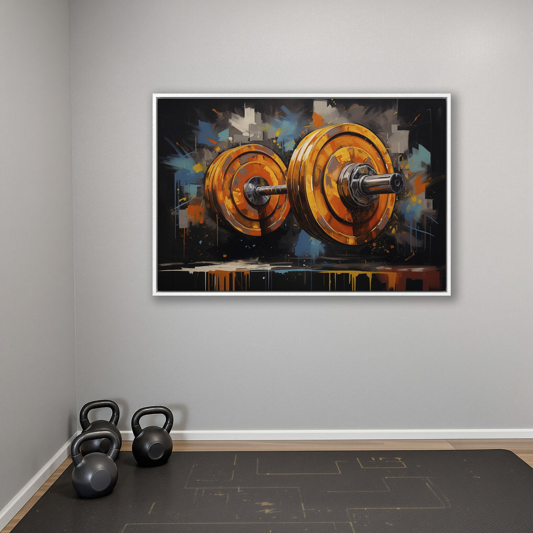 Framed Wall Art: Abstract barbell art in orange, blue, and black. Modern fitness decor for your home gym. Perfect gift for weightlifters.