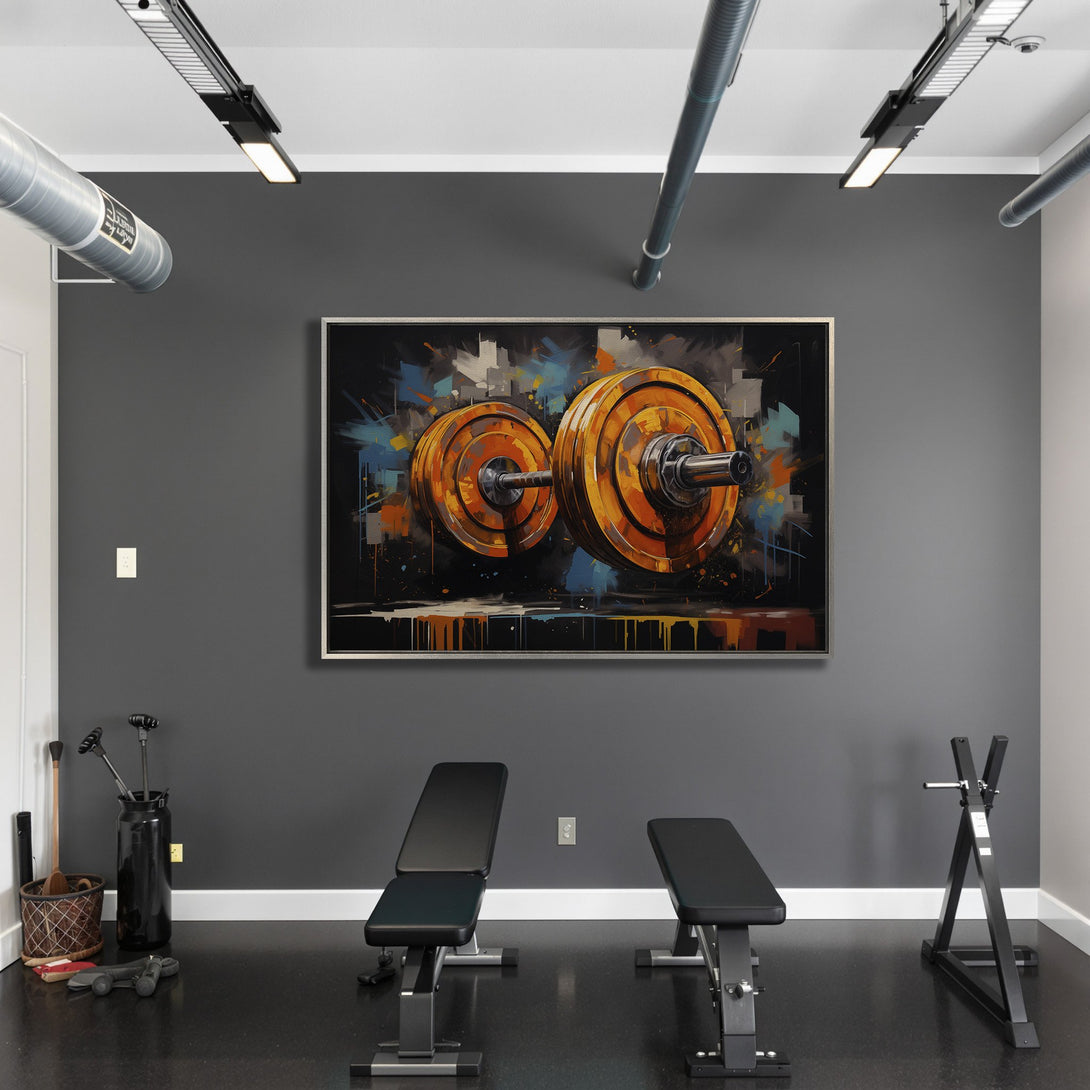 Framed Wall Art of dumbbells in a modern gym, abstract style, featuring orange, blue, and black color palette. Elevate your space!