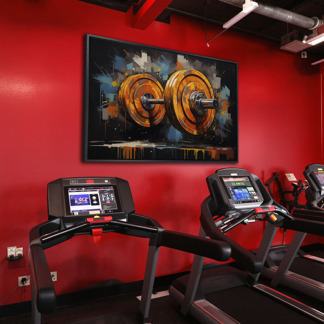 Framed Wall Art: Abstract dumbbells in a gym. Bold orange and black color palette. Modern art for your fitness space.