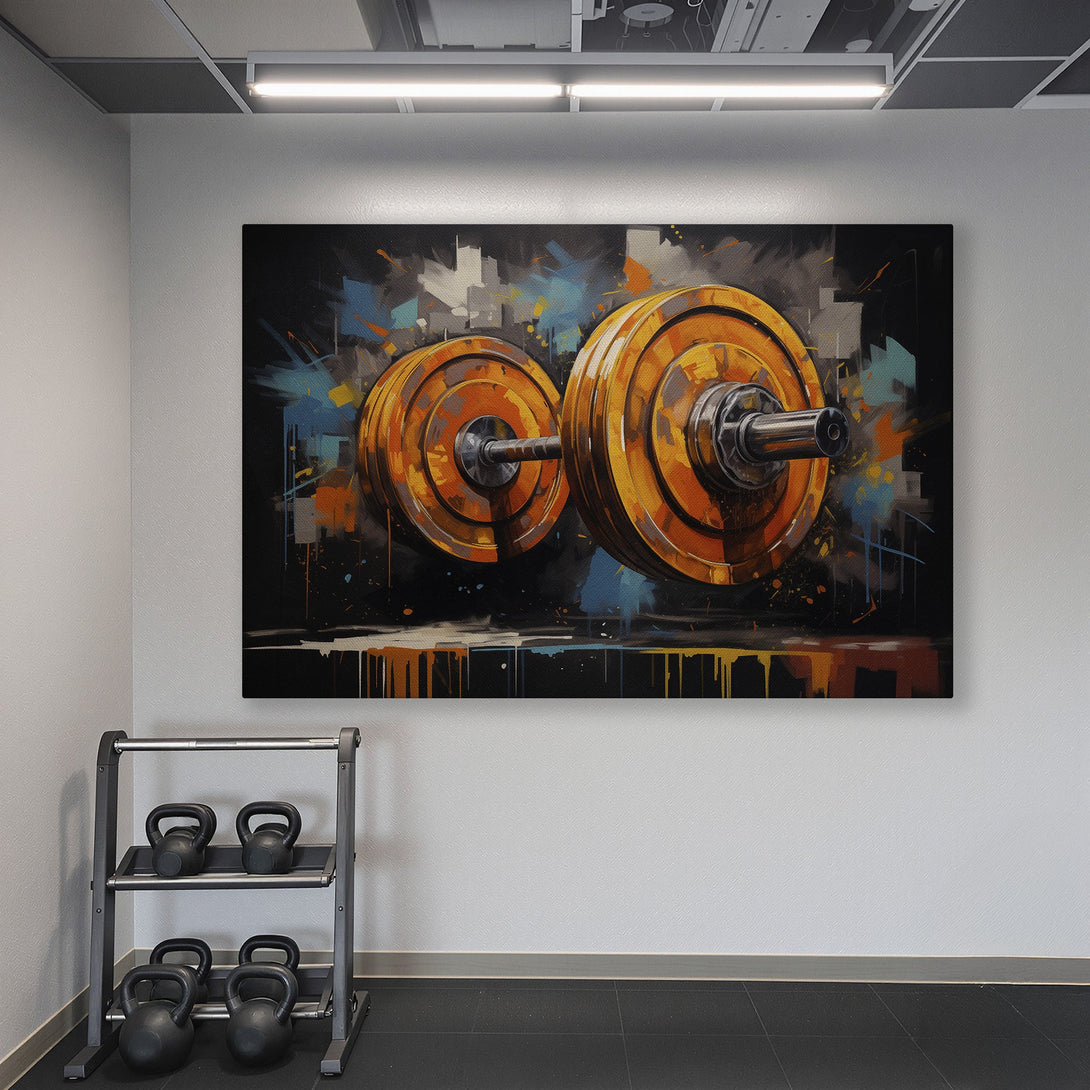 Framed Wall Art: Abstract barbell art in a gym setting. Orange, black, and blue color palette. Perfect for home gym decor.