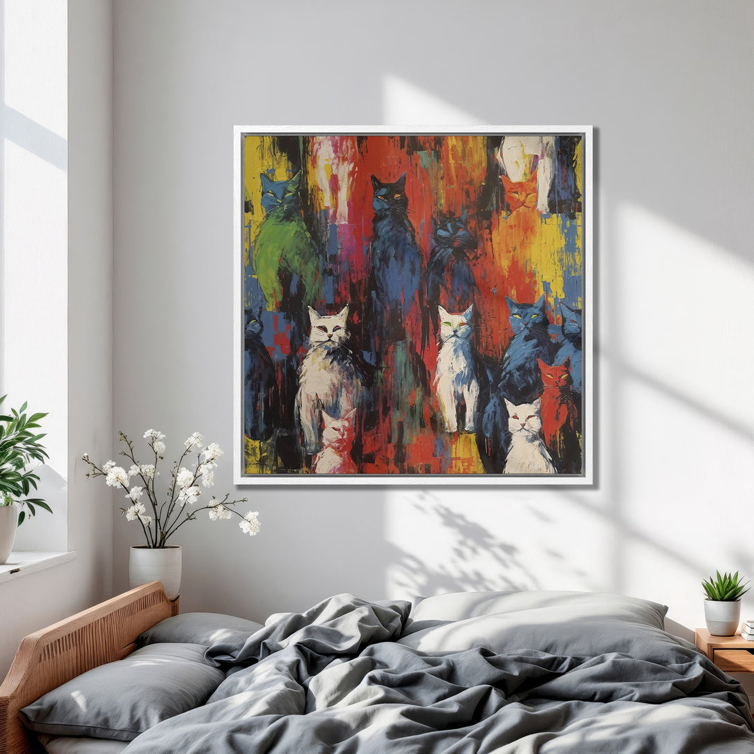 Framed Wall Art featuring colorful abstract cats. Modern art with bold brushstrokes and a vibrant palette of red, blue, green, and yellow. Perfect for a bedroom!