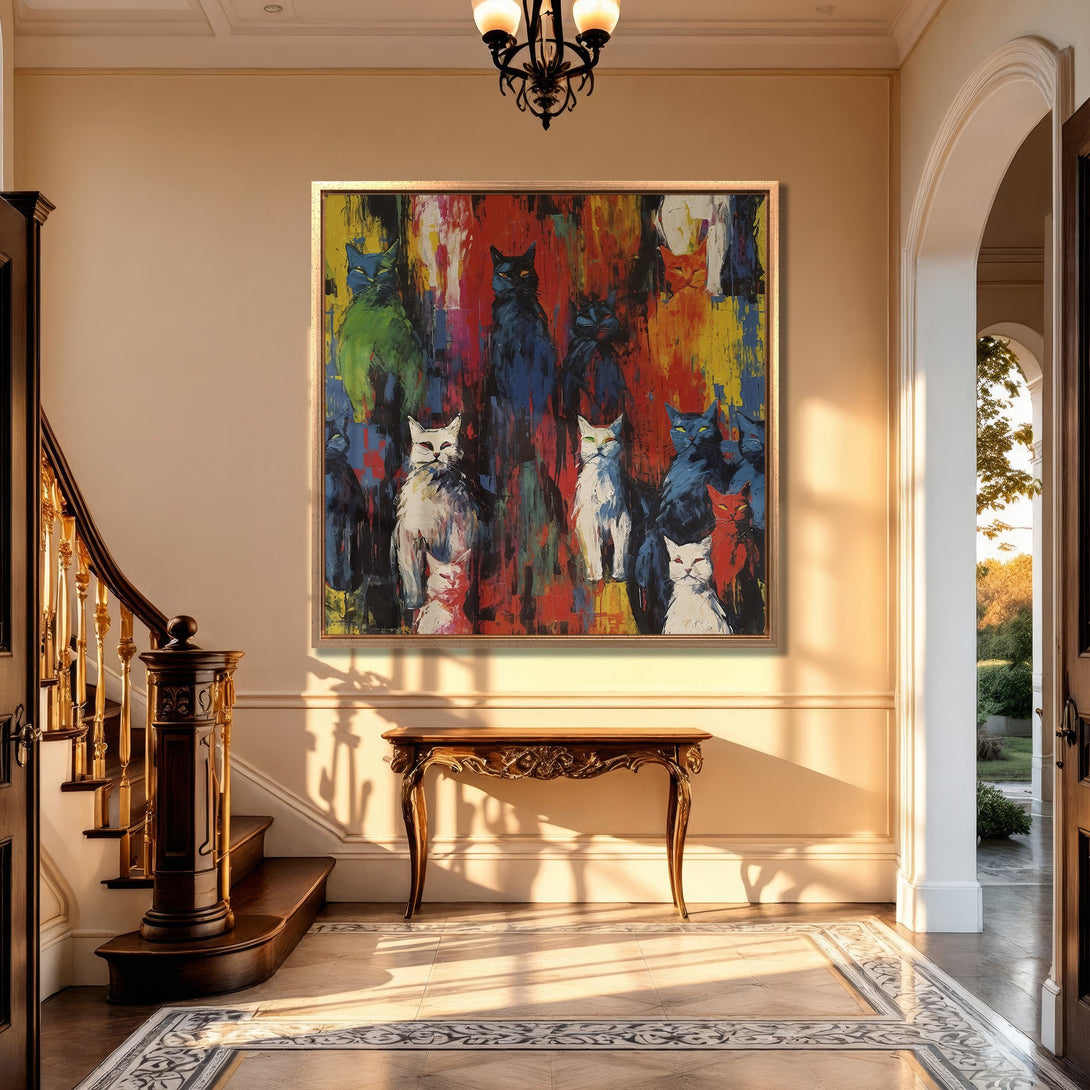 Framed Wall Art: Colorful cat painting in a hallway. Abstract style with a vibrant palette of blues, reds, greens, and whites. Perfect for adding personality.