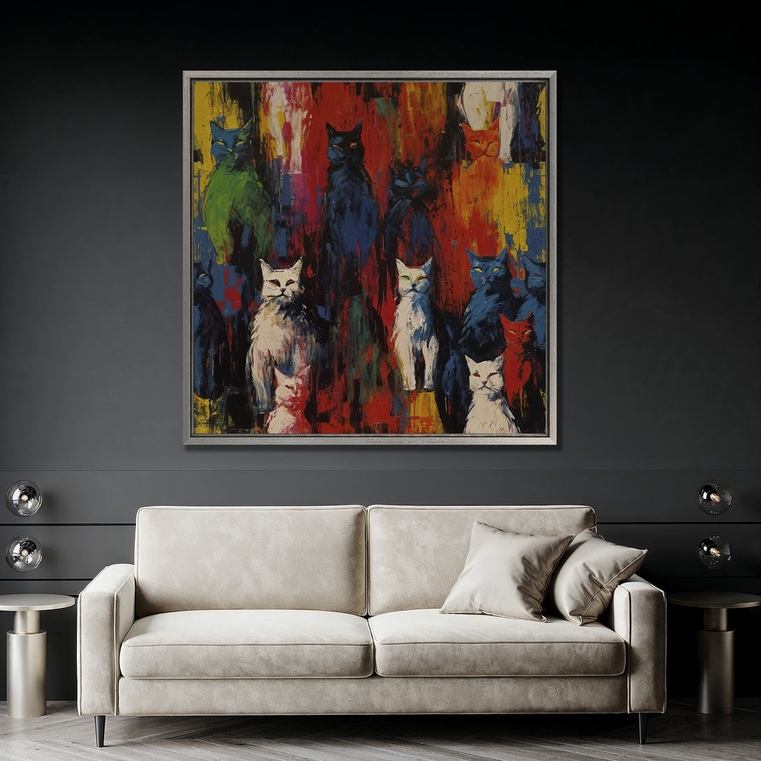 Framed Wall Art: Abstract cat painting in vibrant colors. Modern, colorful artwork for your living room. Adds a pop of art to any space!