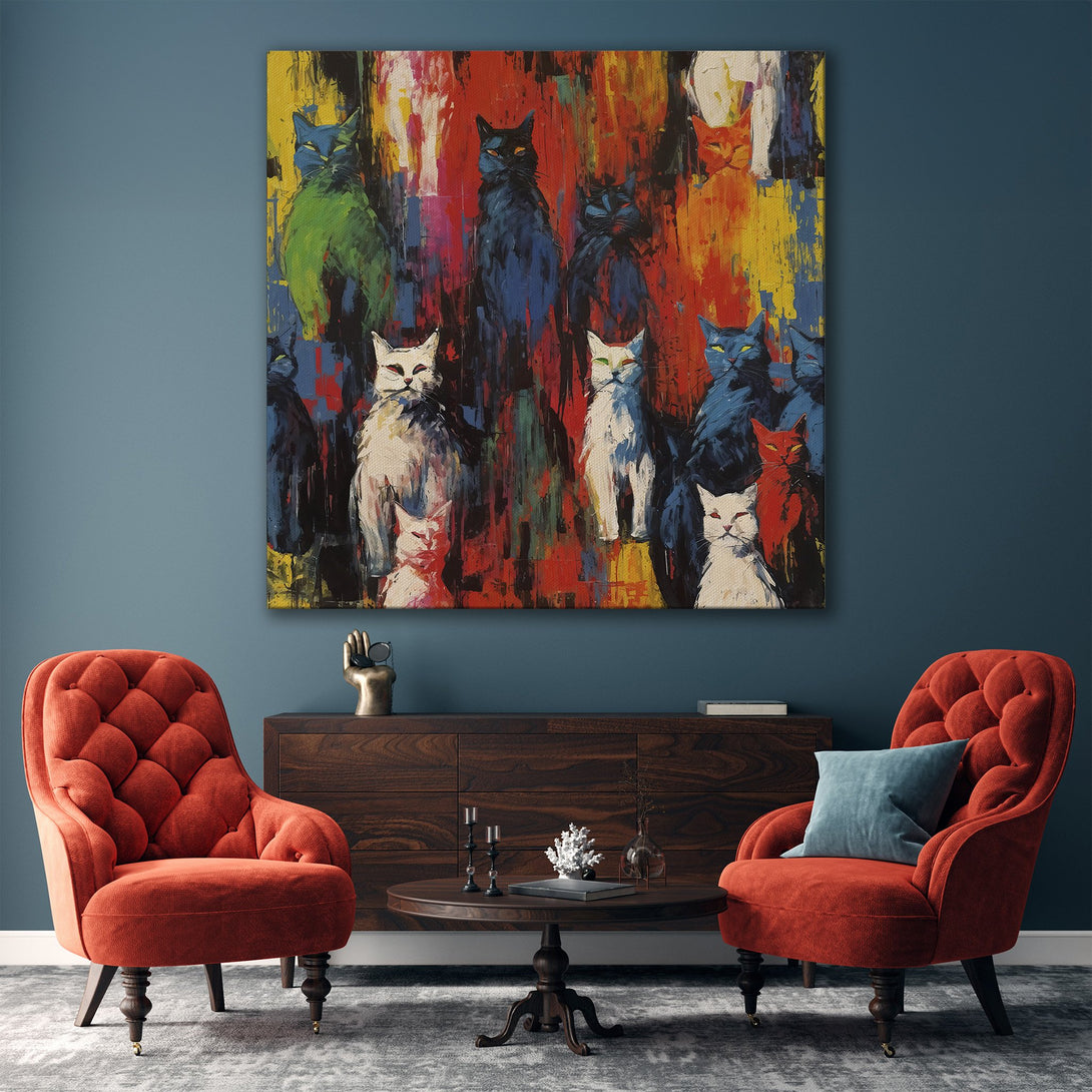 Framed Wall Art featuring colorful abstract cats. Modern, vibrant style with a bold, warm color palette perfect for adding personality to any space.