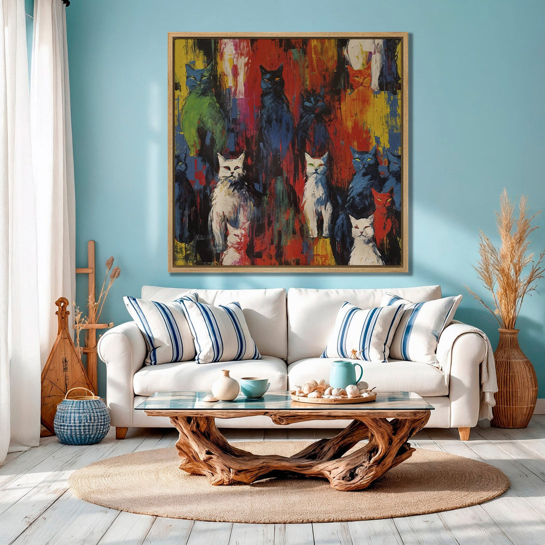 Framed Wall Art: Abstract cat painting with vibrant colors. Modern art canvas print in a living room with a colorful, bold palette.