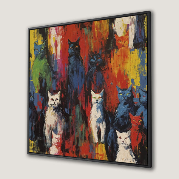 Framed Wall Art: Abstract painting of colorful cats. Modern art with a vibrant palette of red, yellow, blue, and green. Perfect for cat lovers!