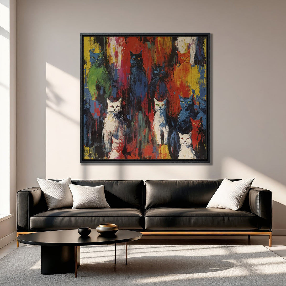 Framed Wall Art of colorful cat portraits in a modern style. Vibrant, abstract art with a rich, warm color palette. Perfect for living room decor.