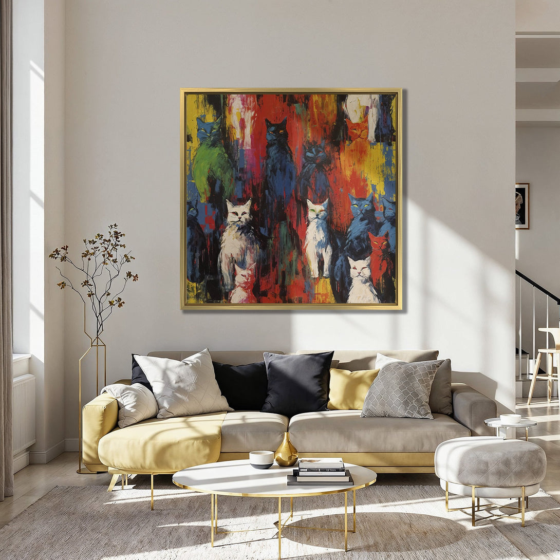 Colorful cat Canvas Print in an abstract style, perfect for adding a pop of art to your home. Features a vibrant red, blue, and yellow palette.