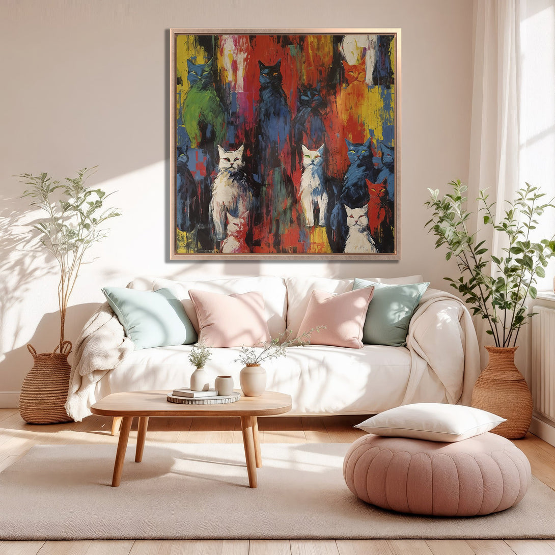 Framed Wall Art: Abstract cat painting with vibrant colors. Adds a pop of color to any room. Perfect for modern decor.