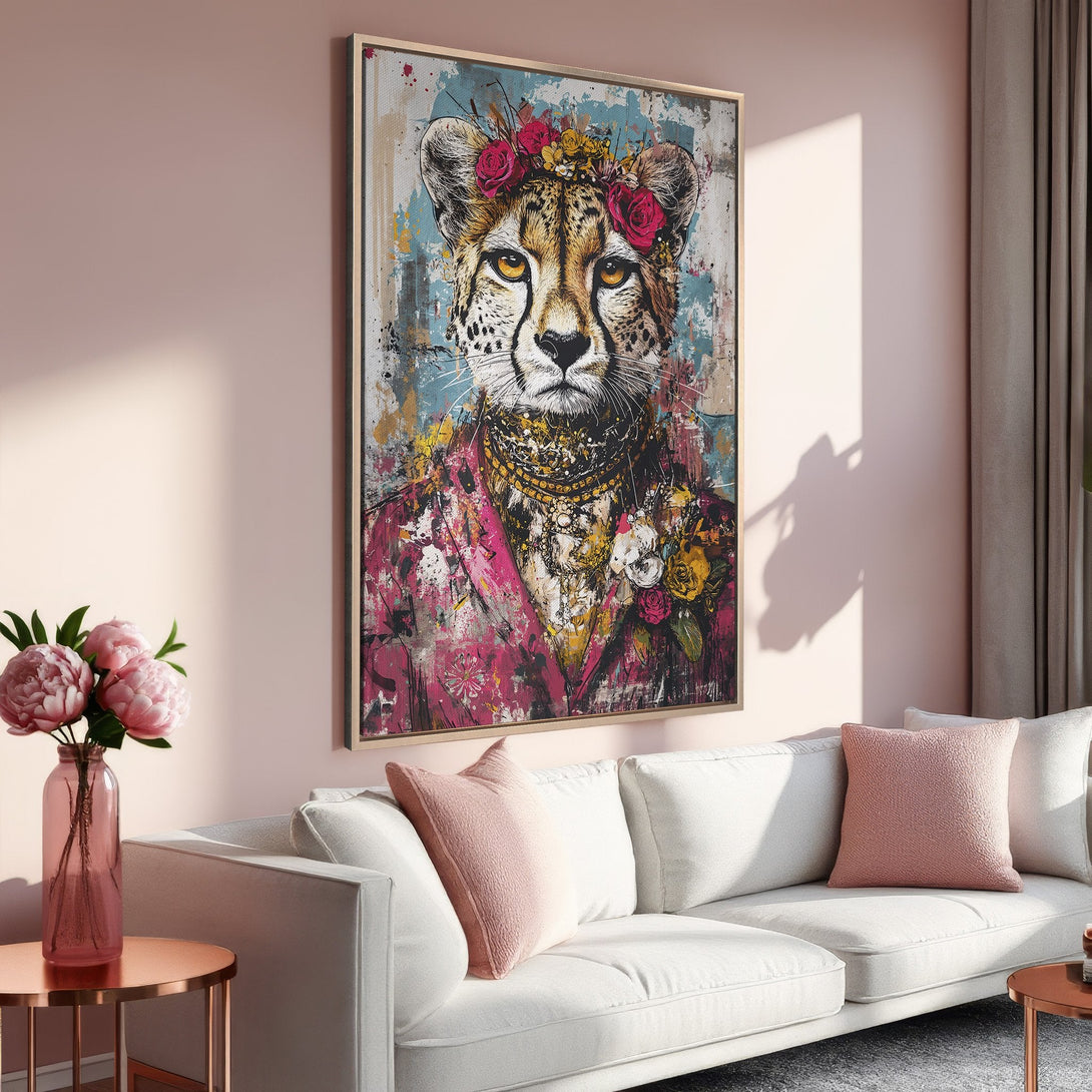 Framed Wall Art: Cheetah portrait in vibrant, artistic style. Colorful pink, blue, and gold palette. Perfect for adding a touch of modern flair to your space!