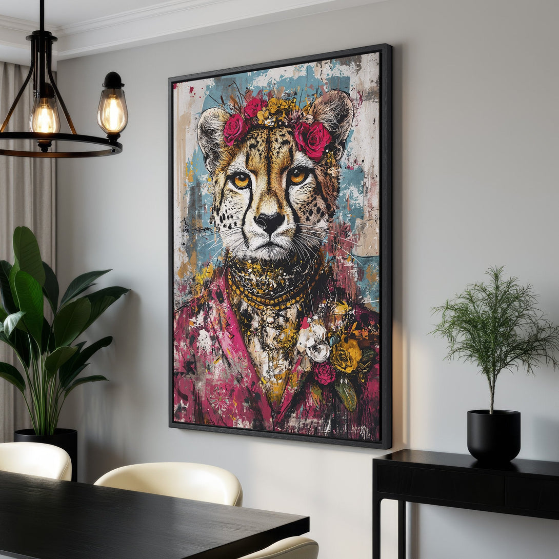 Framed Wall Art: Stylish cheetah portrait with floral crown, vibrant pink, blue, and gold abstract background. Modern art for any room!