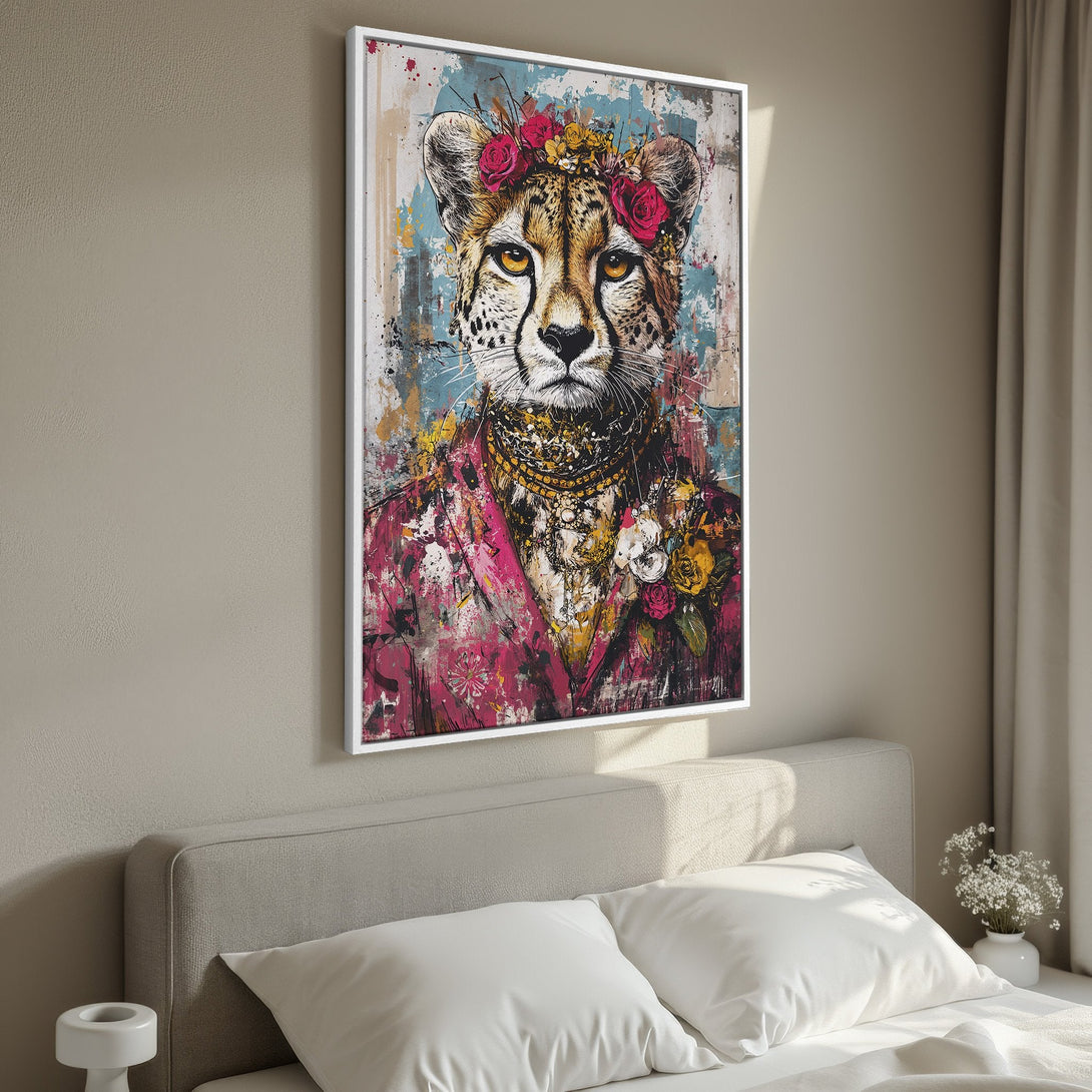 Framed Wall Art: Regal cheetah portrait with floral crown. Abstract style, vibrant pink, gold, and blue color palette. Perfect for adding personality to any room.